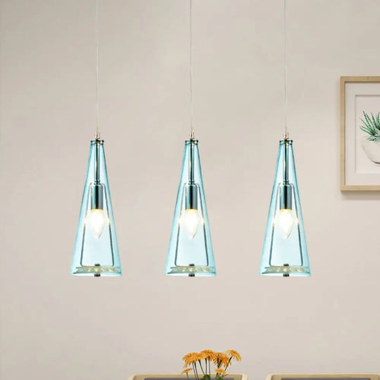 Modern Cone Pendant Lamp In Chrome With Blue/Amber/Clear Glass Panels - 3 Lights Ceiling Hanging