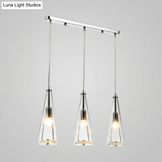 Contemporary Cone Pendant Lamp - Blue/Amber/Clear Glass 3-Light Ceiling Light In Chrome Round/Linear