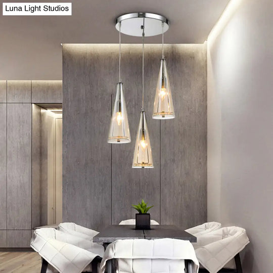 Contemporary Cone Pendant Lamp - Blue/Amber/Clear Glass 3-Light Ceiling Light In Chrome Round/Linear