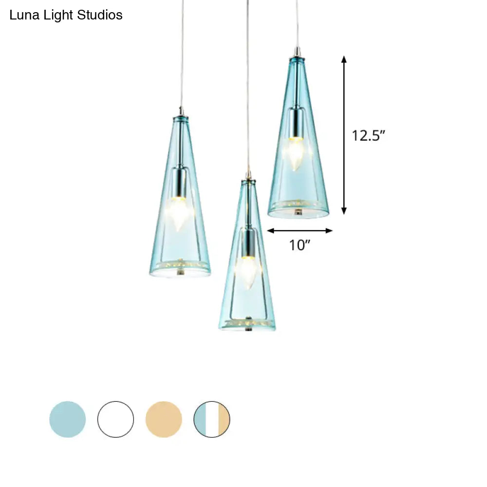 Modern Cone Pendant Lamp In Chrome With Blue/Amber/Clear Glass Panels - 3 Lights Ceiling Hanging