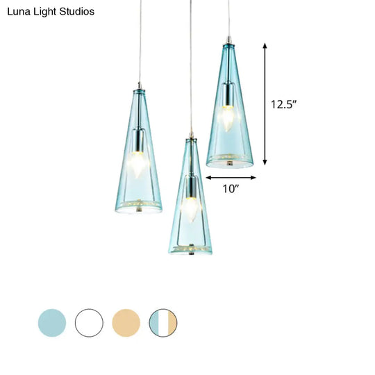 Modern Cone Pendant Lamp In Chrome With Blue/Amber/Clear Glass Panels - 3 Lights Ceiling Hanging