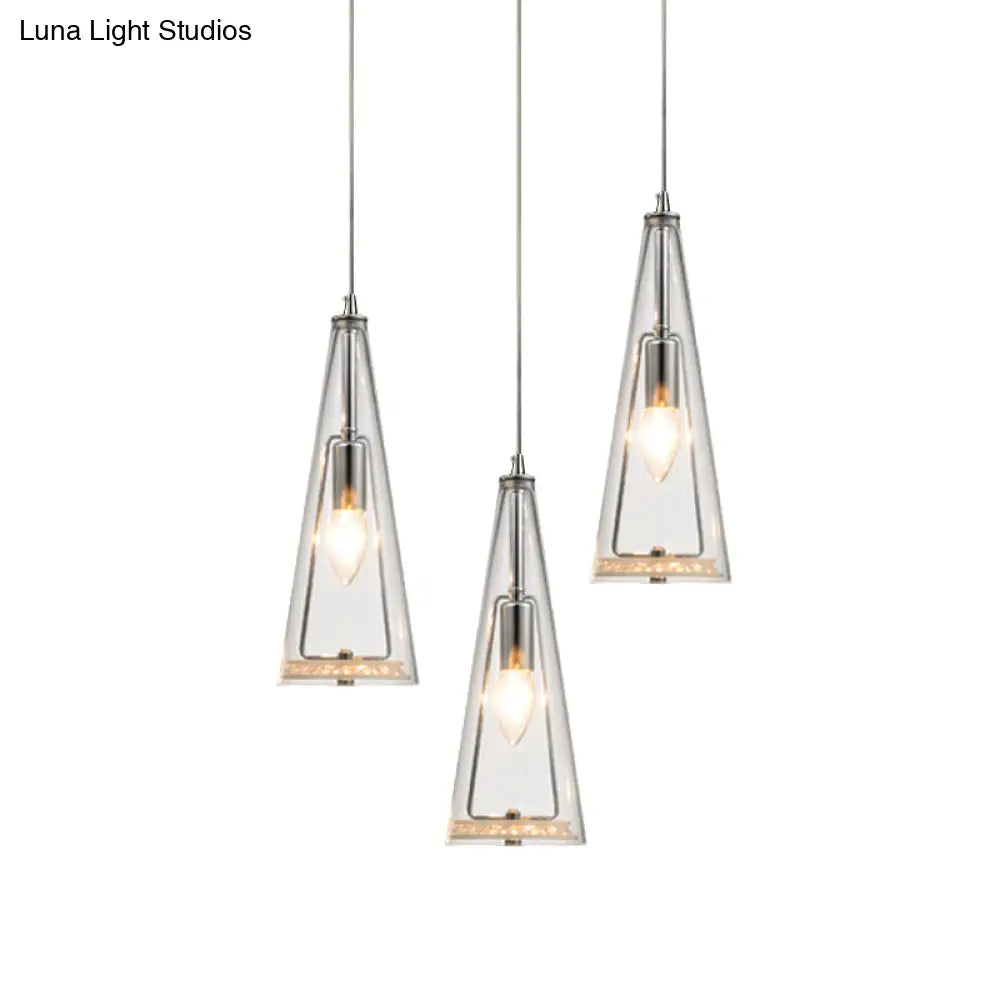 Modern Cone Pendant Lamp In Chrome With Blue/Amber/Clear Glass Panels - 3 Lights Ceiling Hanging