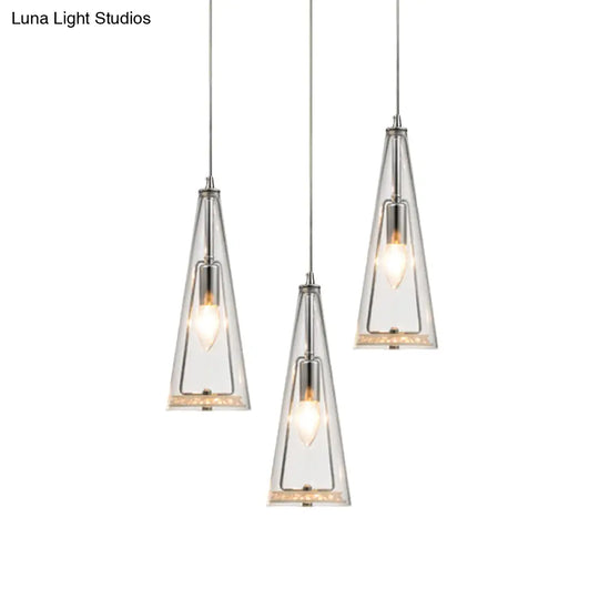 Modern Cone Pendant Lamp In Chrome With Blue/Amber/Clear Glass Panels - 3 Lights Ceiling Hanging