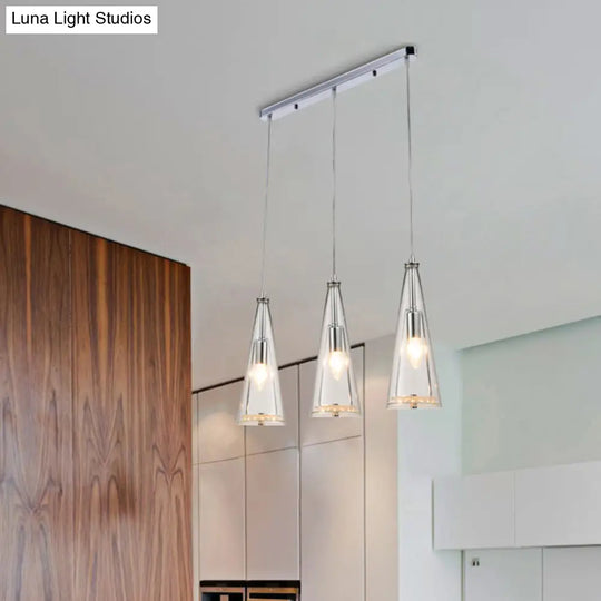 Modern Cone Pendant Lamp In Chrome With Blue/Amber/Clear Glass Panels - 3 Lights Ceiling Hanging