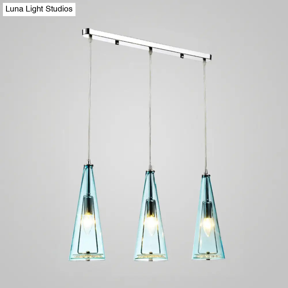 Modern Cone Pendant Lamp In Chrome With Blue/Amber/Clear Glass Panels - 3 Lights Ceiling Hanging