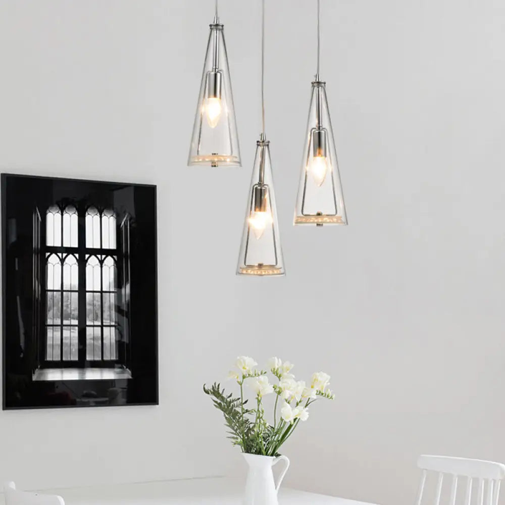 Modern Cone Pendant Lamp In Chrome With Blue/Amber/Clear Glass Panels - 3 Lights Ceiling Hanging