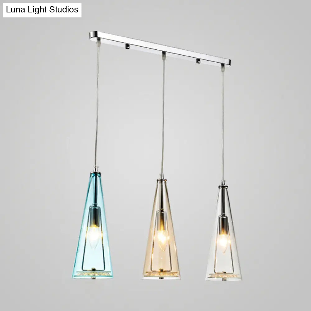 Contemporary Cone Pendant Lamp - Blue/Amber/Clear Glass 3-Light Ceiling Light In Chrome Round/Linear