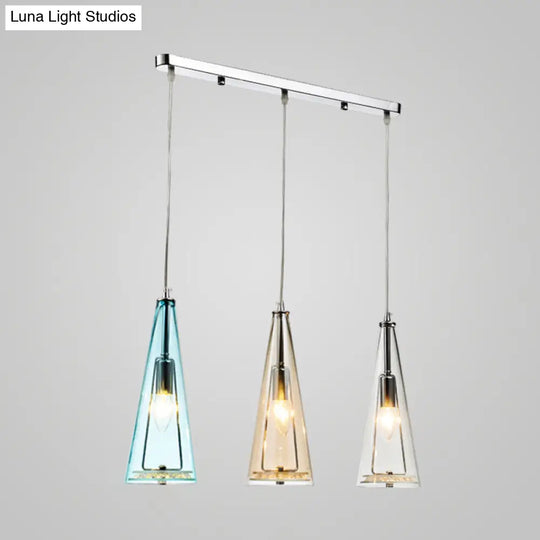 Modern Cone Pendant Lamp In Chrome With Blue/Amber/Clear Glass Panels - 3 Lights Ceiling Hanging