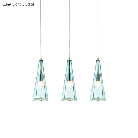 Contemporary Cone Pendant Lamp - Blue/Amber/Clear Glass 3-Light Ceiling Light In Chrome Round/Linear