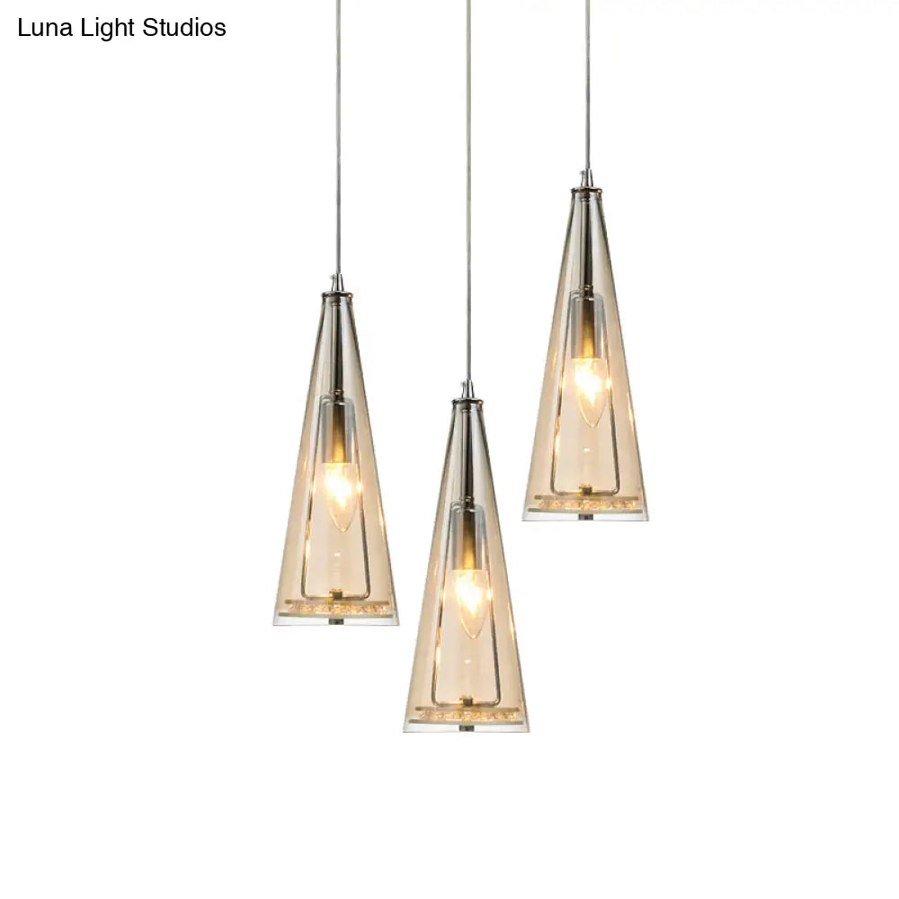 Modern Cone Pendant Lamp In Chrome With Blue/Amber/Clear Glass Panels - 3 Lights Ceiling Hanging