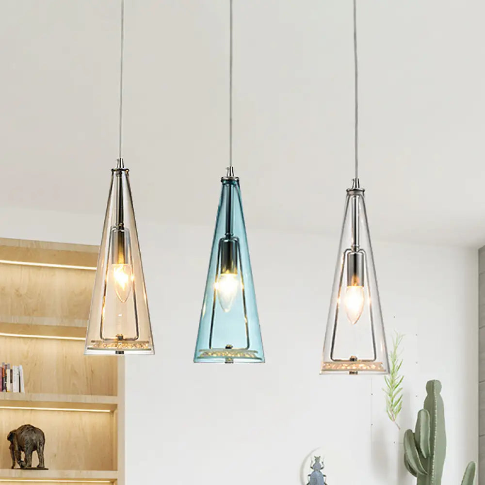 Modern Cone Pendant Lamp In Chrome With Blue/Amber/Clear Glass Panels - 3 Lights Ceiling Hanging