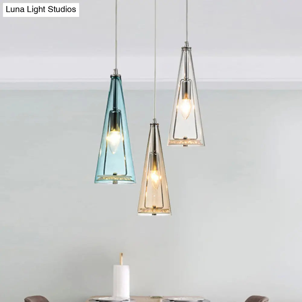 Modern Cone Pendant Lamp In Chrome With Blue/Amber/Clear Glass Panels - 3 Lights Ceiling Hanging