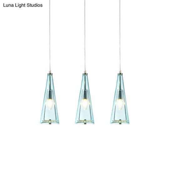 Modern Cone Pendant Lamp In Chrome With Blue/Amber/Clear Glass Panels - 3 Lights Ceiling Hanging