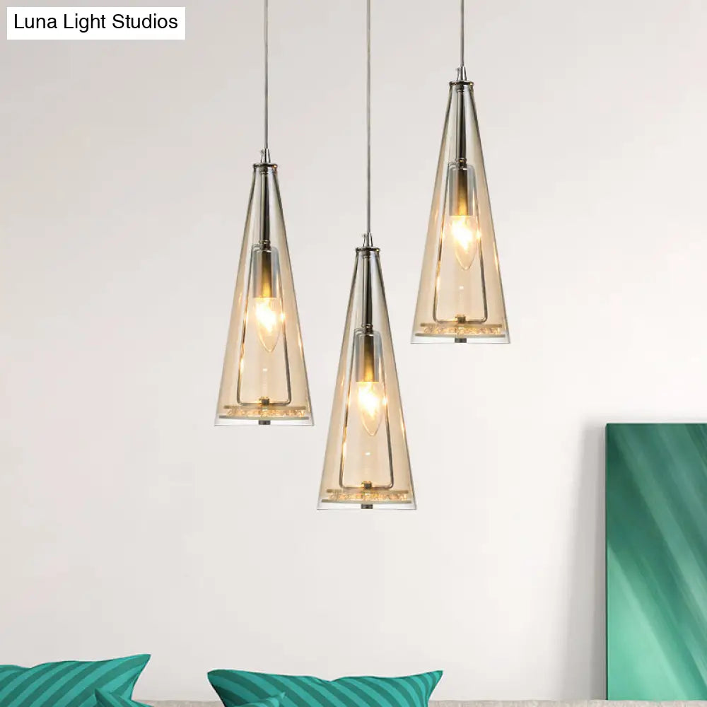 Contemporary Cone Pendant Lamp - Blue/Amber/Clear Glass 3-Light Ceiling Light In Chrome Round/Linear