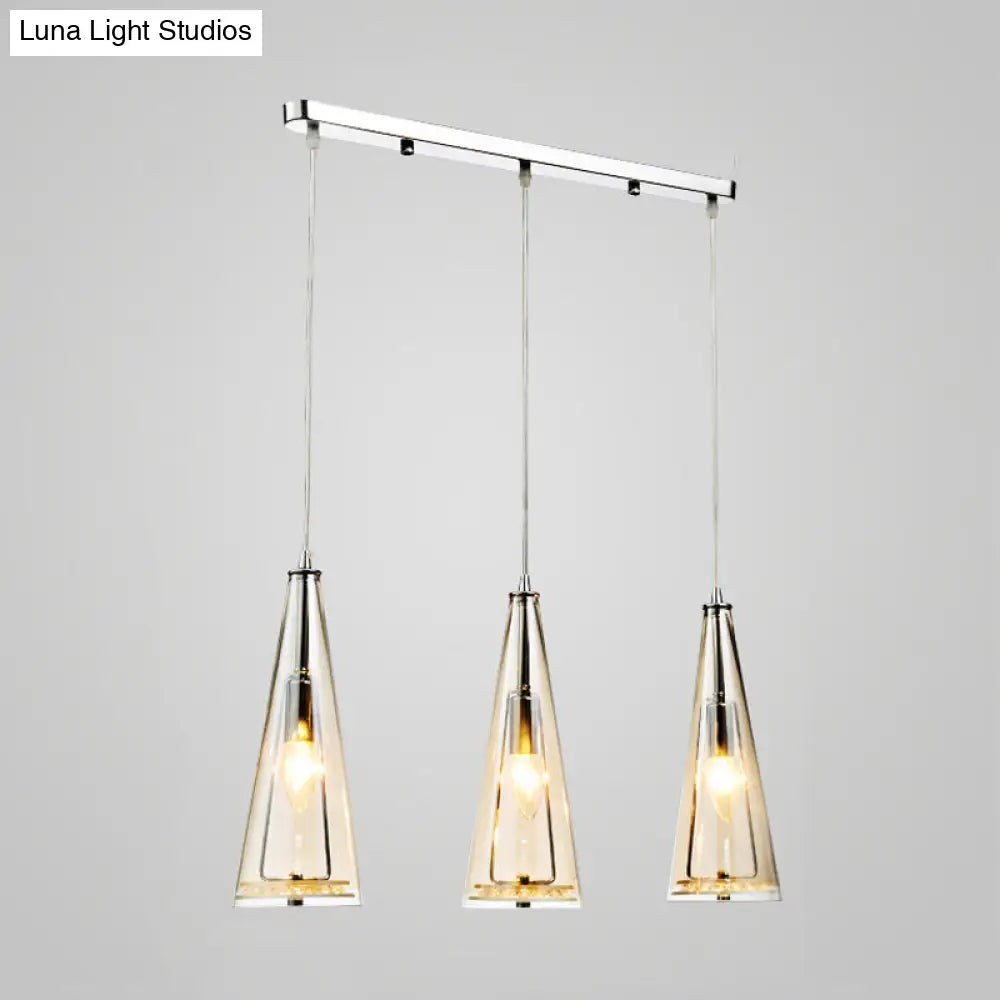 Contemporary Cone Pendant Lamp - Blue/Amber/Clear Glass 3-Light Ceiling Light In Chrome Round/Linear