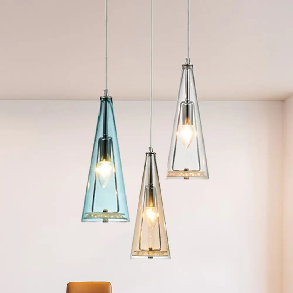 Modern Cone Pendant Lamp In Chrome With Blue/Amber/Clear Glass Panels - 3 Lights Ceiling Hanging