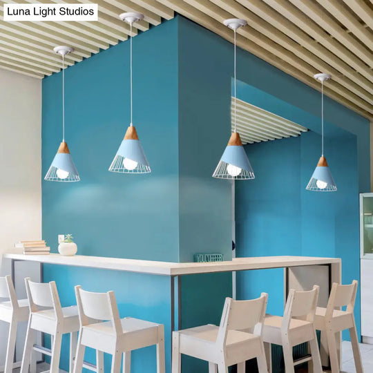 Modern Cone Pendant Light - Aluminum & Wood Black/Blue Ideal For Dining Table