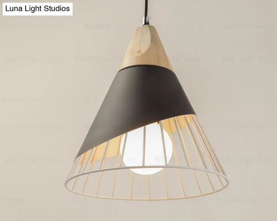 Modern Cone Pendant Light - Aluminum & Wood Black/Blue Ideal For Dining Table