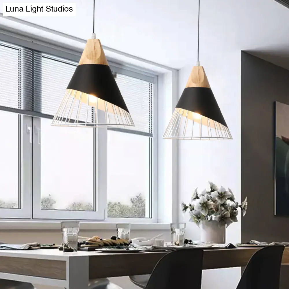 Modern Cone Pendant Light - Aluminum & Wood Black/Blue Ideal For Dining Table