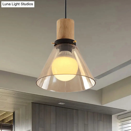 Modern Amber Glass Pendant Light With Wooden Cap