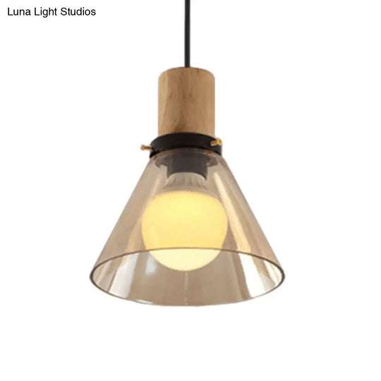 Modern Amber Glass Pendant Light With Wooden Cap