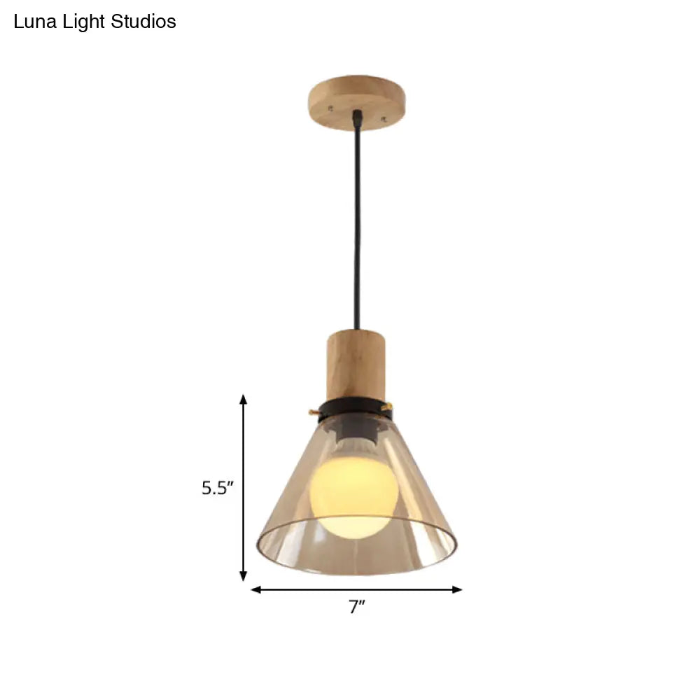 Modern Cone Pendant Light With Amber Glass & Wooden Cap - 1-Light Ceiling Hanging Fixture
