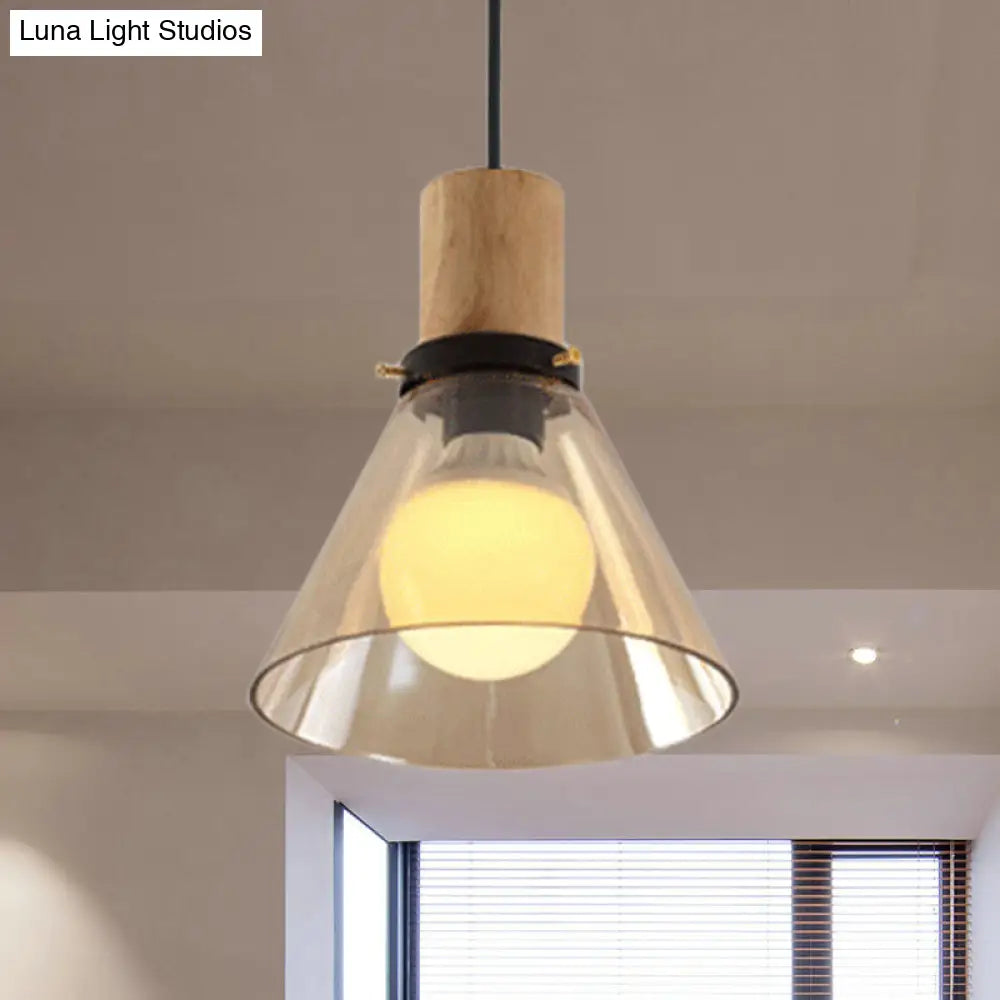 Modern Amber Glass Pendant Light With Wooden Cap