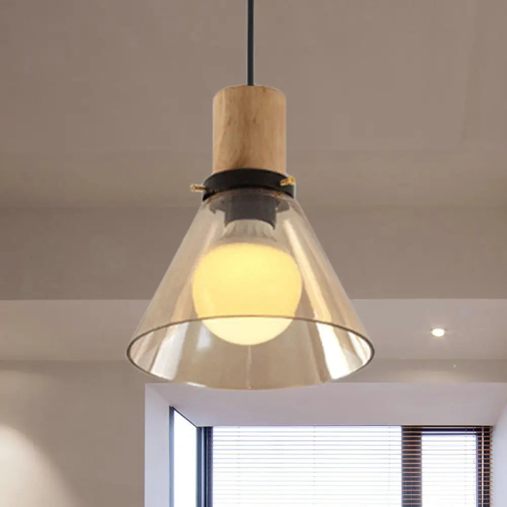 Modern Cone Pendant Light With Amber Glass & Wooden Cap - 1-Light Ceiling Hanging Fixture