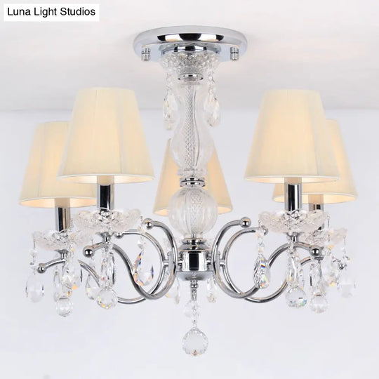 Modern Cone Semi Flush Crystal Ceiling Light Fixture With Swirled Arm - 5 - Head Nickle Design