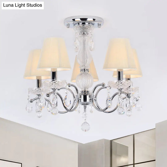 Modern Cone Semi Flush Crystal Ceiling Light Fixture With Swirled Arm - 5-Head Nickle Design Chrome