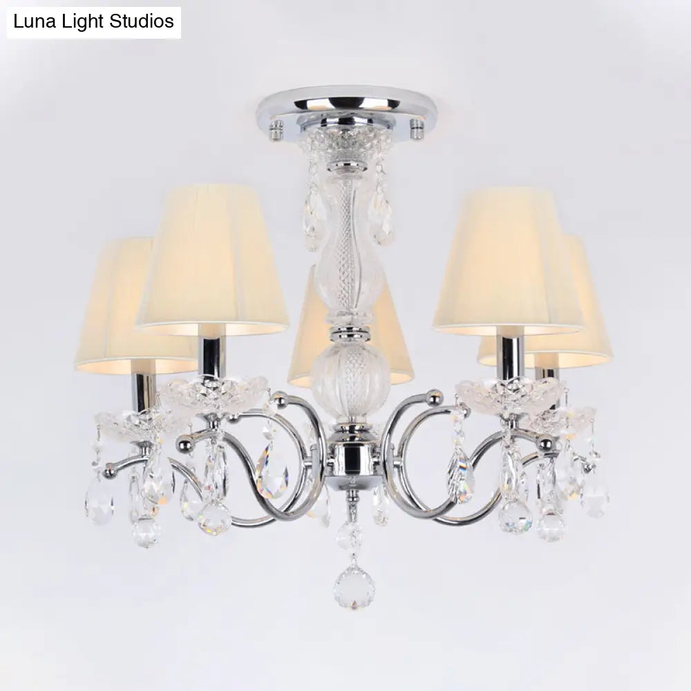 Modern Cone Semi Flush Crystal Ceiling Light Fixture With Swirled Arm - 5 - Head Nickle Design