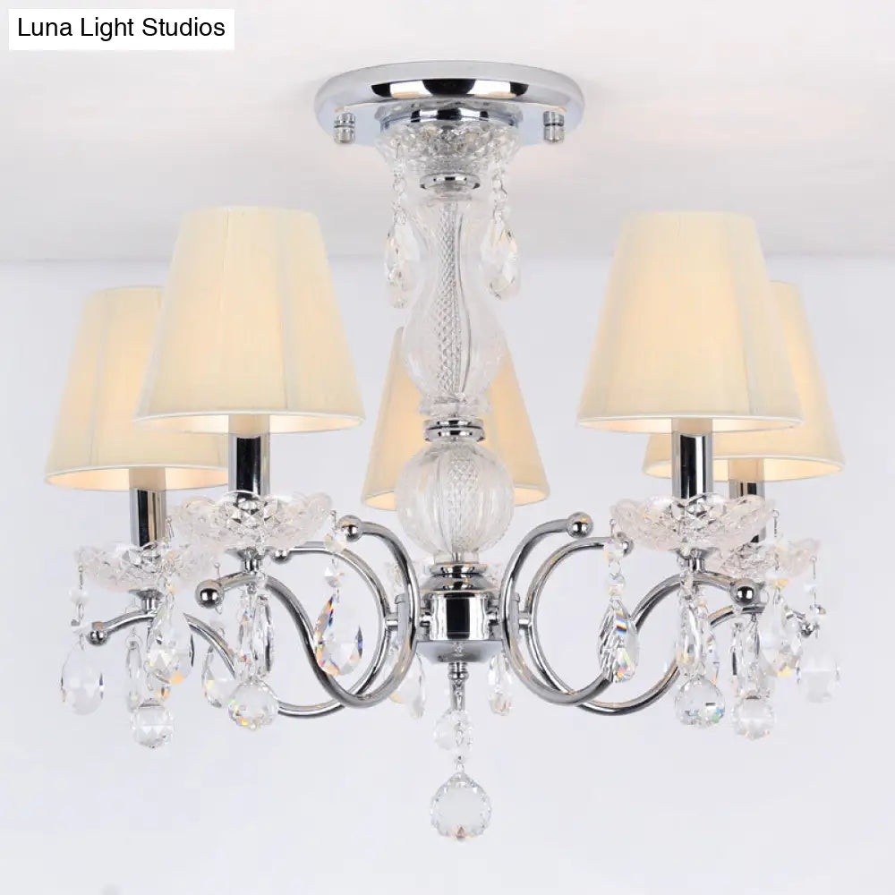 Modern Cone Semi Flush Crystal Ceiling Light Fixture With Swirled Arm - 5-Head Nickle Design