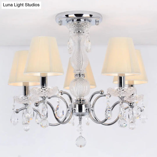 Modern Cone Semi Flush Crystal Ceiling Light Fixture With Swirled Arm - 5-Head Nickle Design