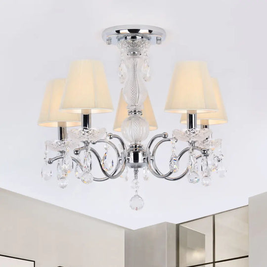 Modern Cone Semi Flush Crystal Ceiling Light Fixture With Swirled Arm - 5 - Head Nickle Design