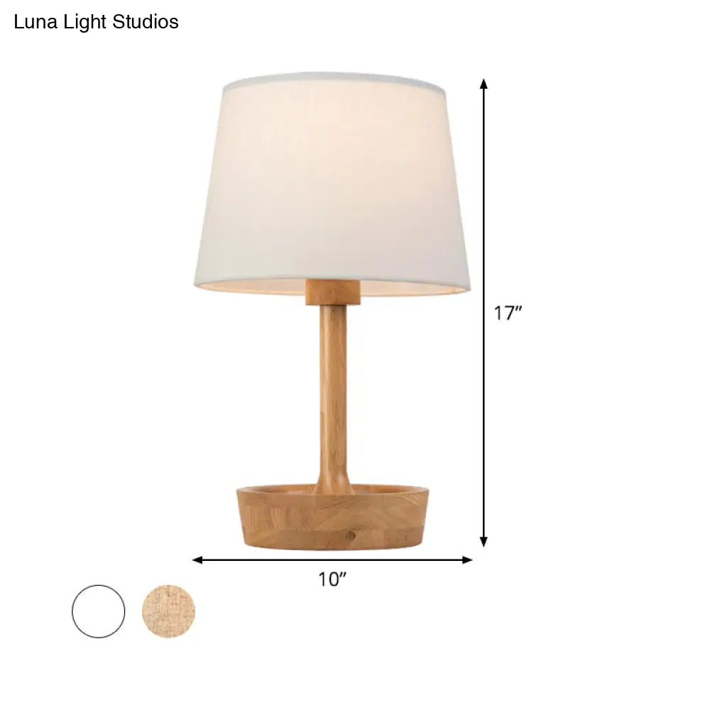 Modern Cone Shade Fabric Task Lamp - Flaxen/White Reading Light With Round Beige Wood Base