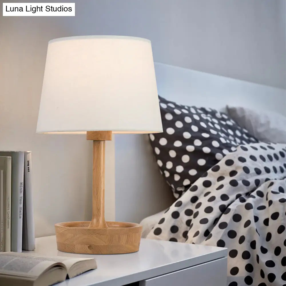 Modern Cone Shade Fabric Task Lamp - Flaxen/White Reading Light With Round Beige Wood Base