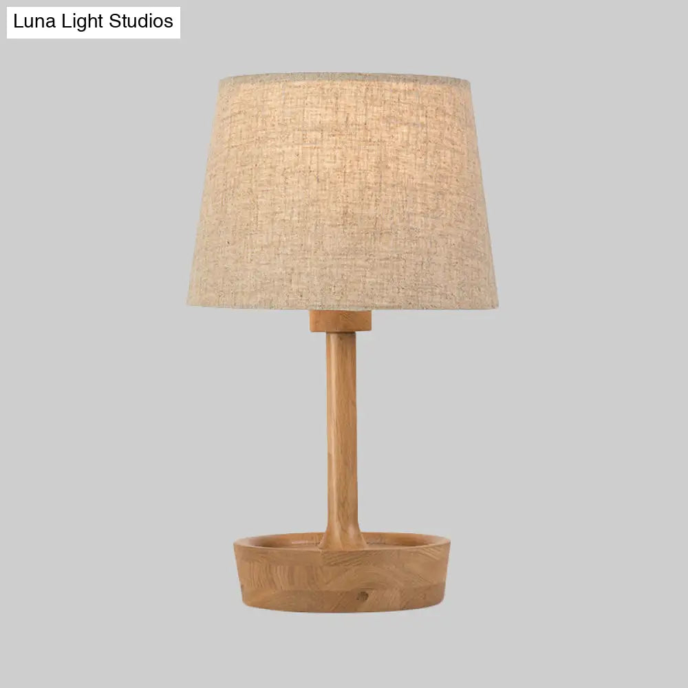 Modern Cone Shade Fabric Task Lamp - Flaxen/White Reading Light With Round Beige Wood Base