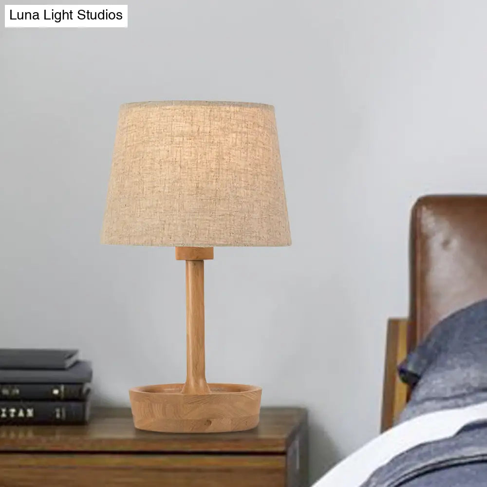 Modern Cone Shade Fabric Task Lamp - Flaxen/White Reading Light With Round Beige Wood Base