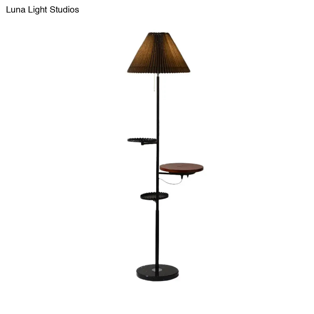 Modern Cone Stand Up Lamp: 1-Bulb Floor Reading Light With Wood Shelves In Black