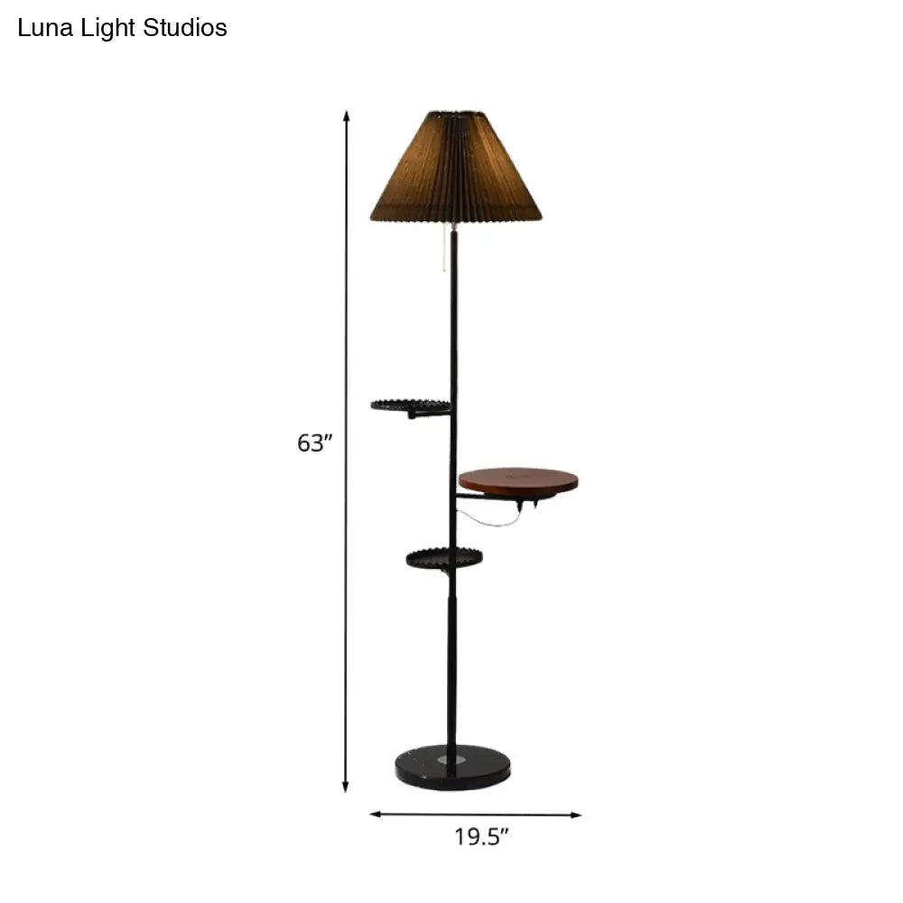 Modern Cone Stand Up Lamp: 1-Bulb Floor Reading Light With Wood Shelves In Black