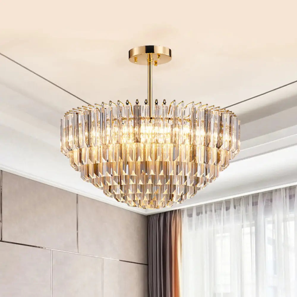 Modern Conic Semi-Mount Gold Crystal Ceiling Light Fixture With 10 Faceted Lights And Tiered Design