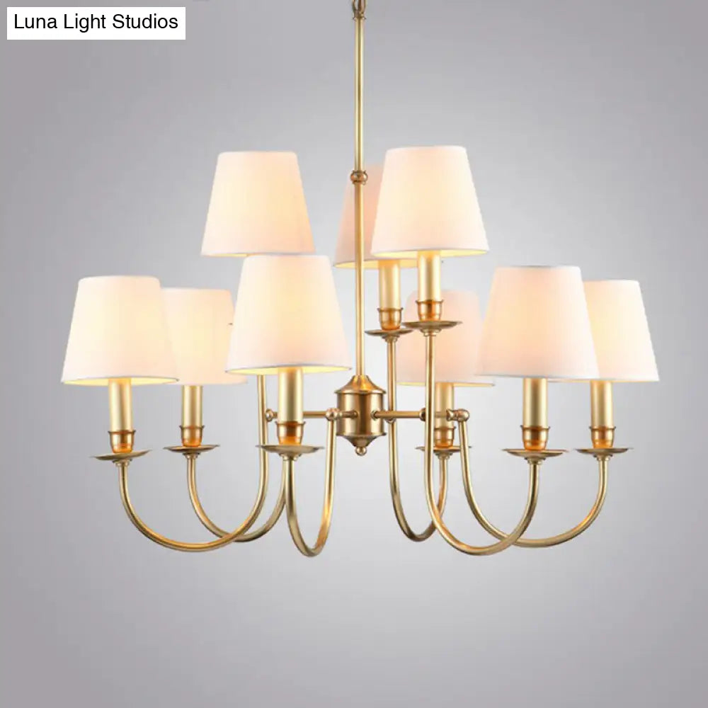 Modern Conic Shade Chandelier: Stylish 9-Light Drop Lamp For Living Room With Arched Brass Arm