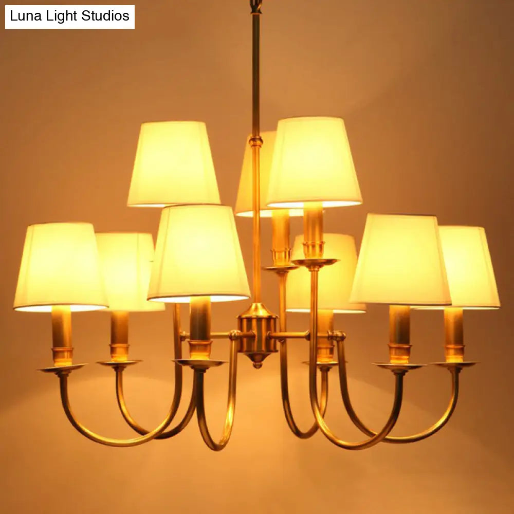 Modern Conic Shade Chandelier: Stylish 9-Light Drop Lamp For Living Room With Arched Brass Arm