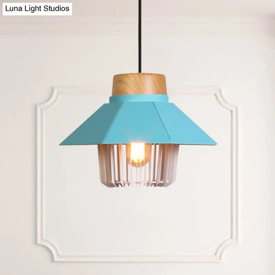 Modern Conical Ceiling Pendant With Metallic Cage Shade - 1 Light Black/Blue Lighting For Bedroom