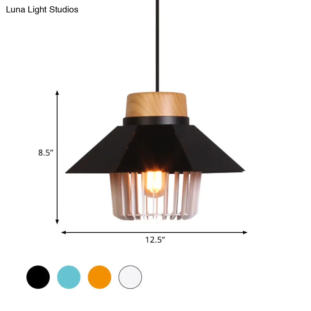 Modernism Conical Ceiling Pendant With Cage Shade - 1 Light Metallic Lighting In Black/Blue For