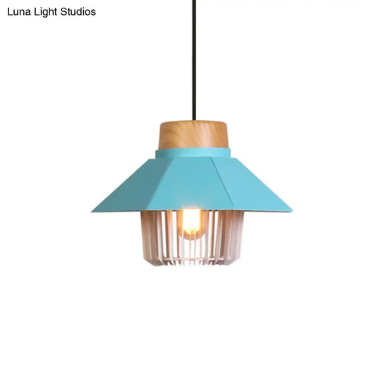 Modern Conical Ceiling Pendant With Metallic Cage Shade - 1 Light Black/Blue Lighting For Bedroom