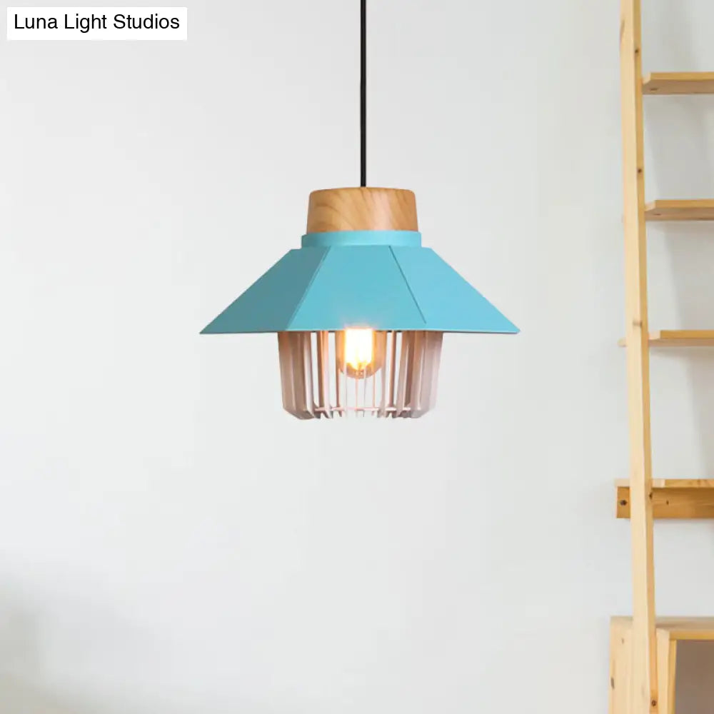 Modernism Conical Ceiling Pendant With Cage Shade - 1 Light Metallic Lighting In Black/Blue For