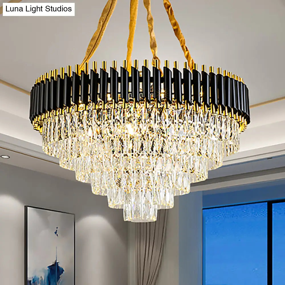 Modern Conical Chandelier With Crystal Accents - 4-Light Black Ceiling Pendant For Living Room