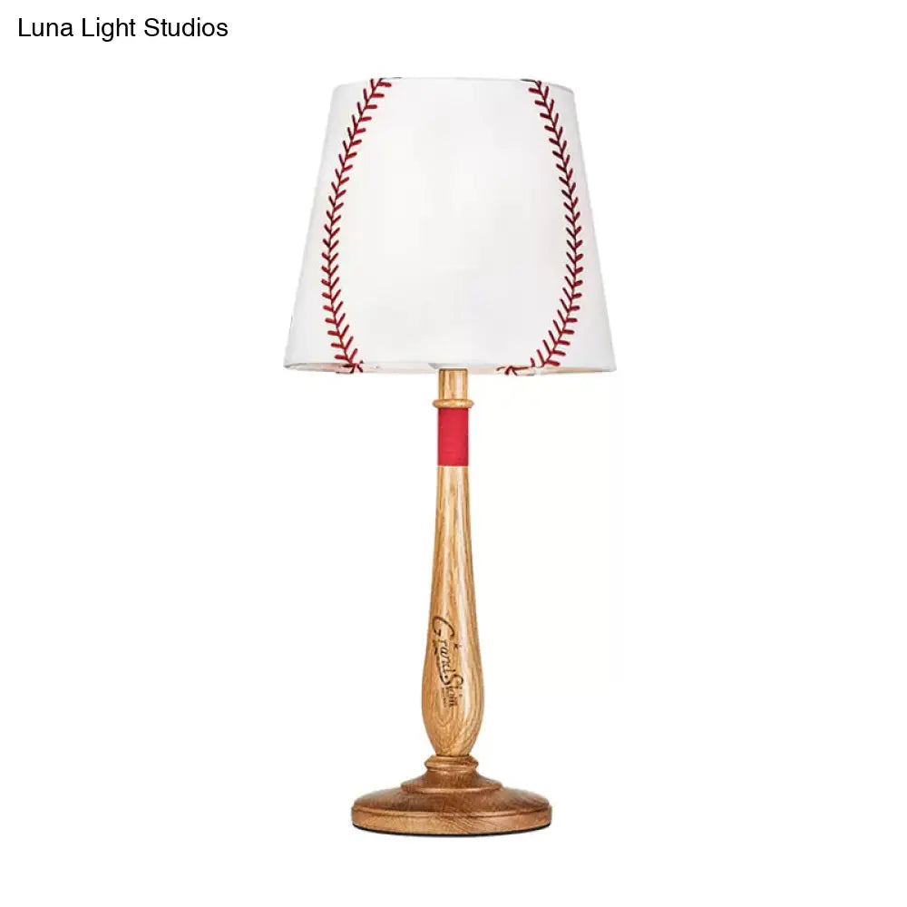 Modern Conical Fabric Table Light - 1-Light Brown/Wood Nightstand Lamp With Baseball Design