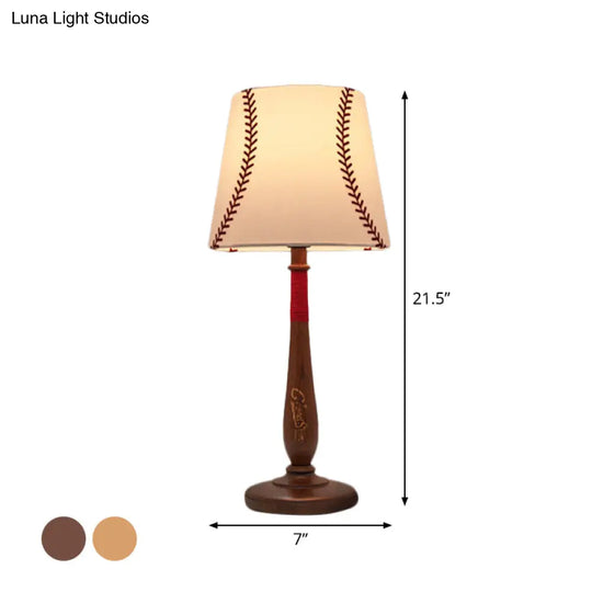 Modern Conical Fabric Table Light - 1-Light Brown/Wood Nightstand Lamp With Baseball Design